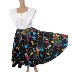 Circle Dress Floral Chalkboard 80s Print Dress M L